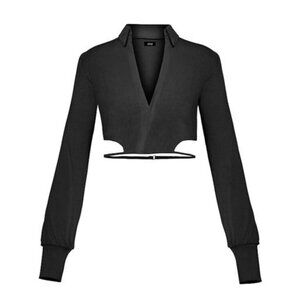 Cropped black rib-knit long sleeve blouse